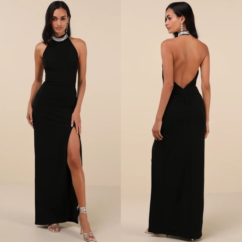 Lulus Immaculate Class Black Rhinestone Halter Maxi Dress XL Wedding Formal